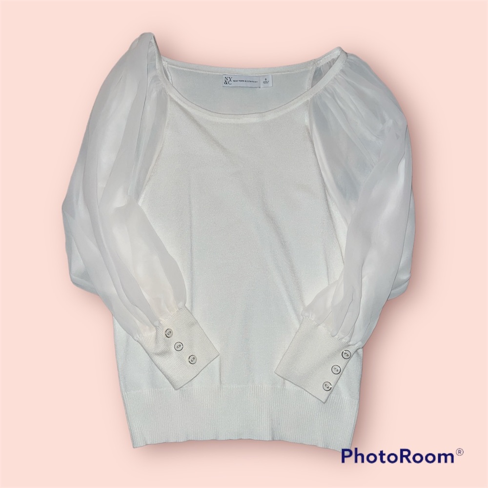 New York & Company White Sweater with Chiffon Sleeves